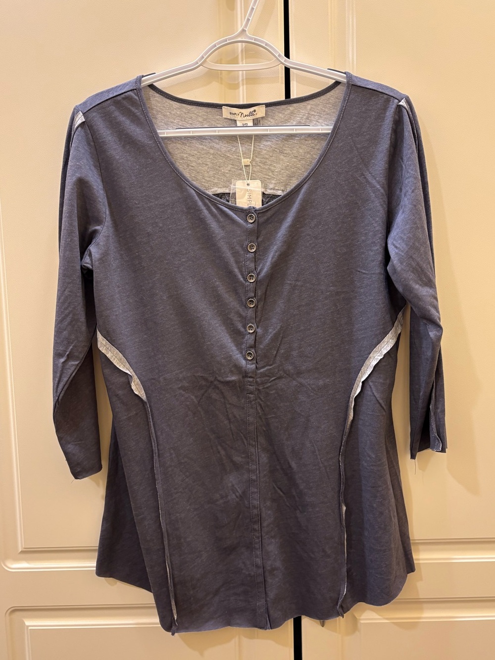 Simply Noelle NWT Slate Blue Tunic Top Reverse Gray Seams Lace Back S/M (8-10)